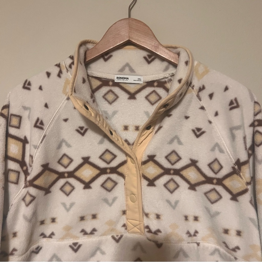 Sonoma Beige and Brown Geometric Fleece Pullover